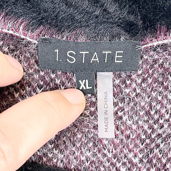 1 State Cardigan Womens XL Black Purple Plaid Long Sleeve Open Front Fuzzy Fur - Picture 7 of 7